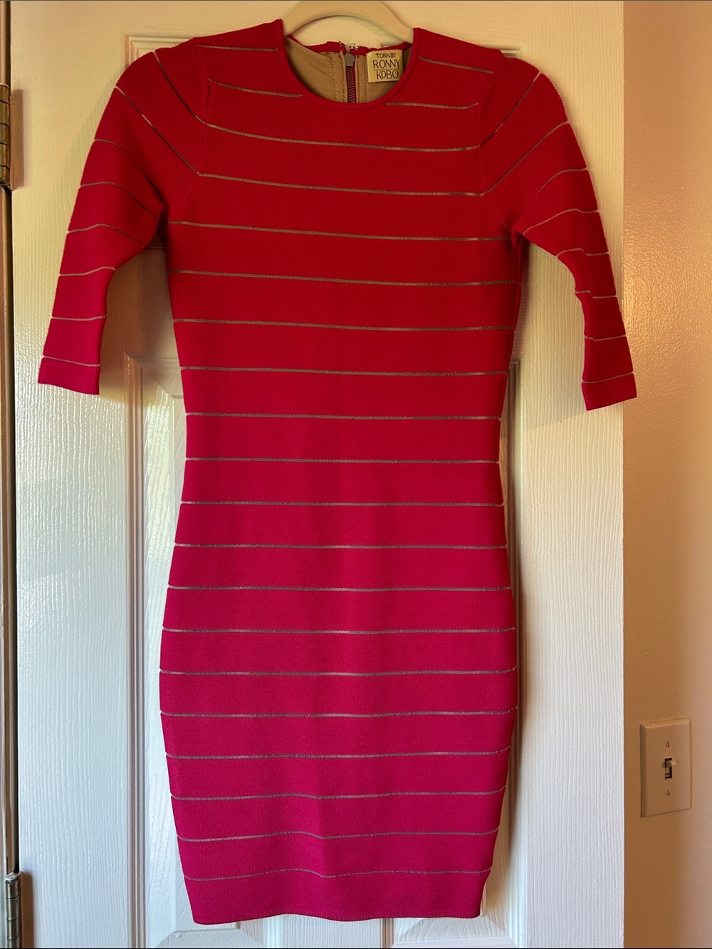 Torn by Ronny Kobo Collection Hot Pink Metallic-Striped Midi Sheath Dress Small